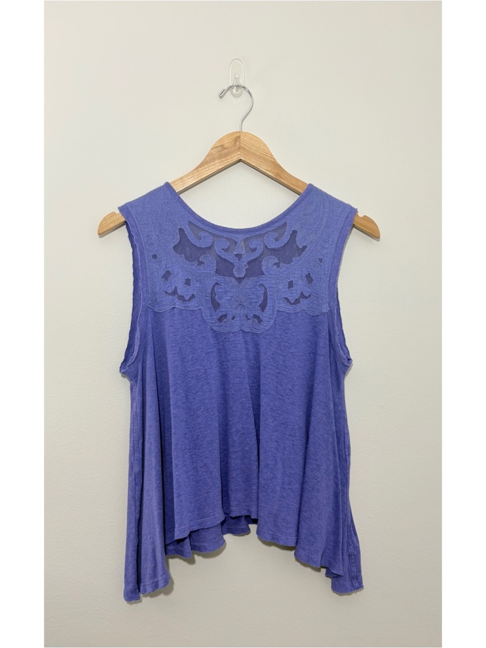 Free People “Meant To Be” periwinkle lace inset asymmetrical top (XS)